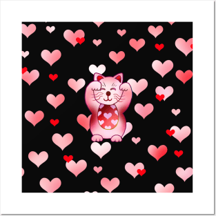 Pink maneki neko lucky cat Posters and Art